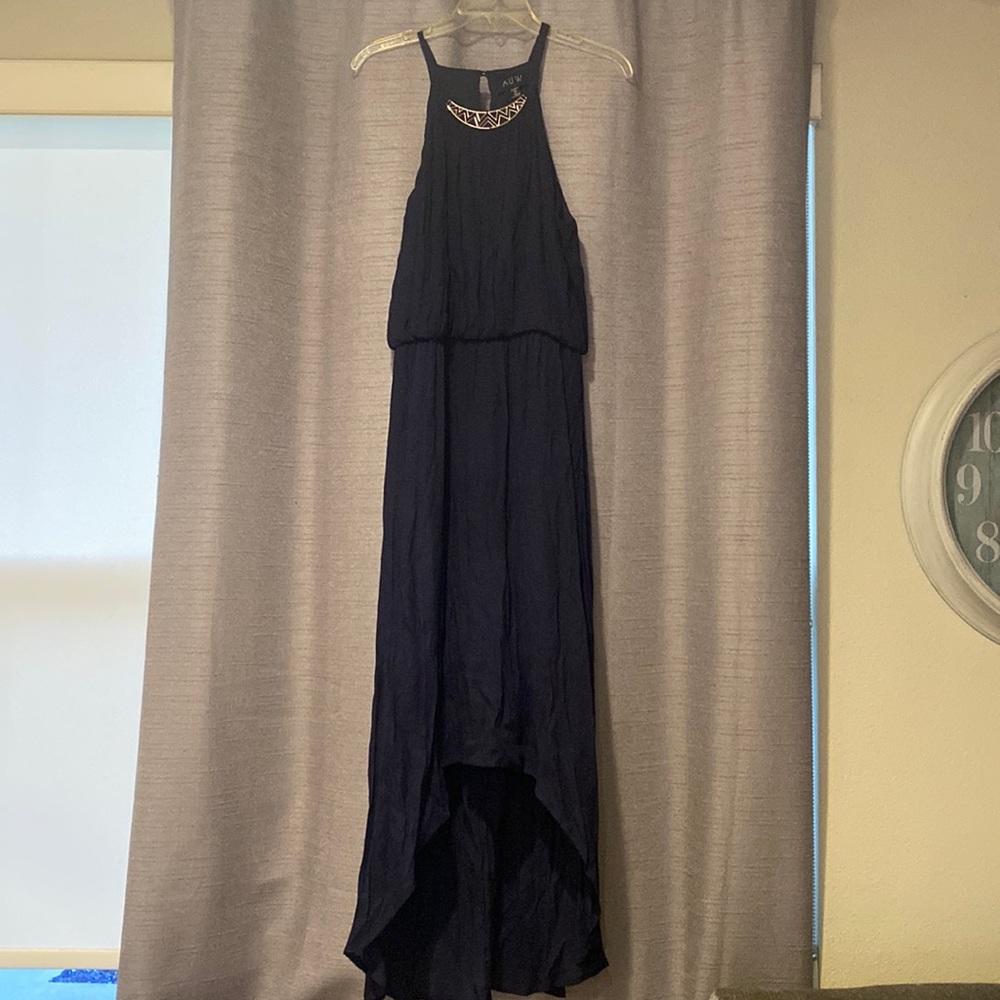 AUW Navy Blue Dress with Gold Neckline